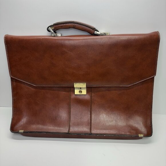 Vtg Sudhaus Brown Leather Briefcase w/ Brass Lock Attaché Case, Mid Century - Picture 1 of 11